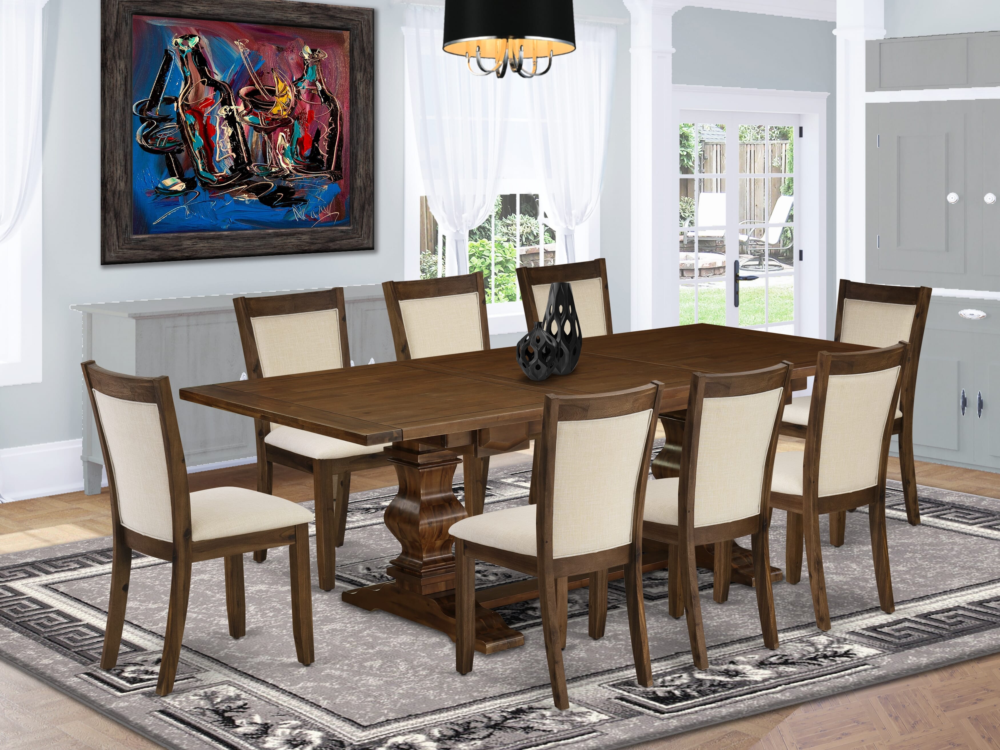 El juego de mesa de comedor East West Furniture LAMZ9-N8-32 de 9 piezas incluye una mesa rectangular de madera con hojas de mariposa y 8 sillas tapizadas en tela de lino beige claro.