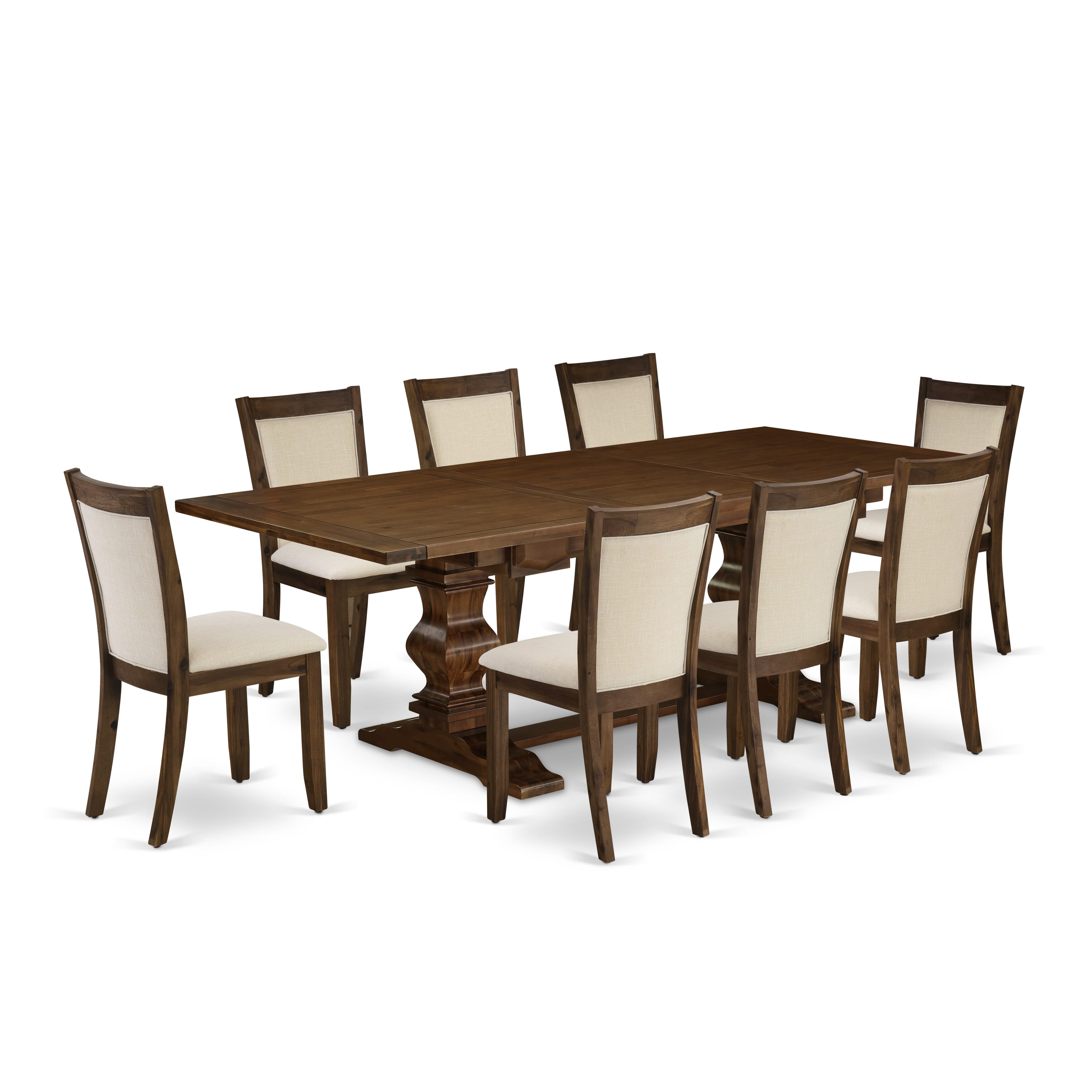 El juego de mesa de comedor East West Furniture LAMZ9-N8-32 de 9 piezas incluye una mesa rectangular de madera con hojas de mariposa y 8 sillas tapizadas en tela de lino beige claro.