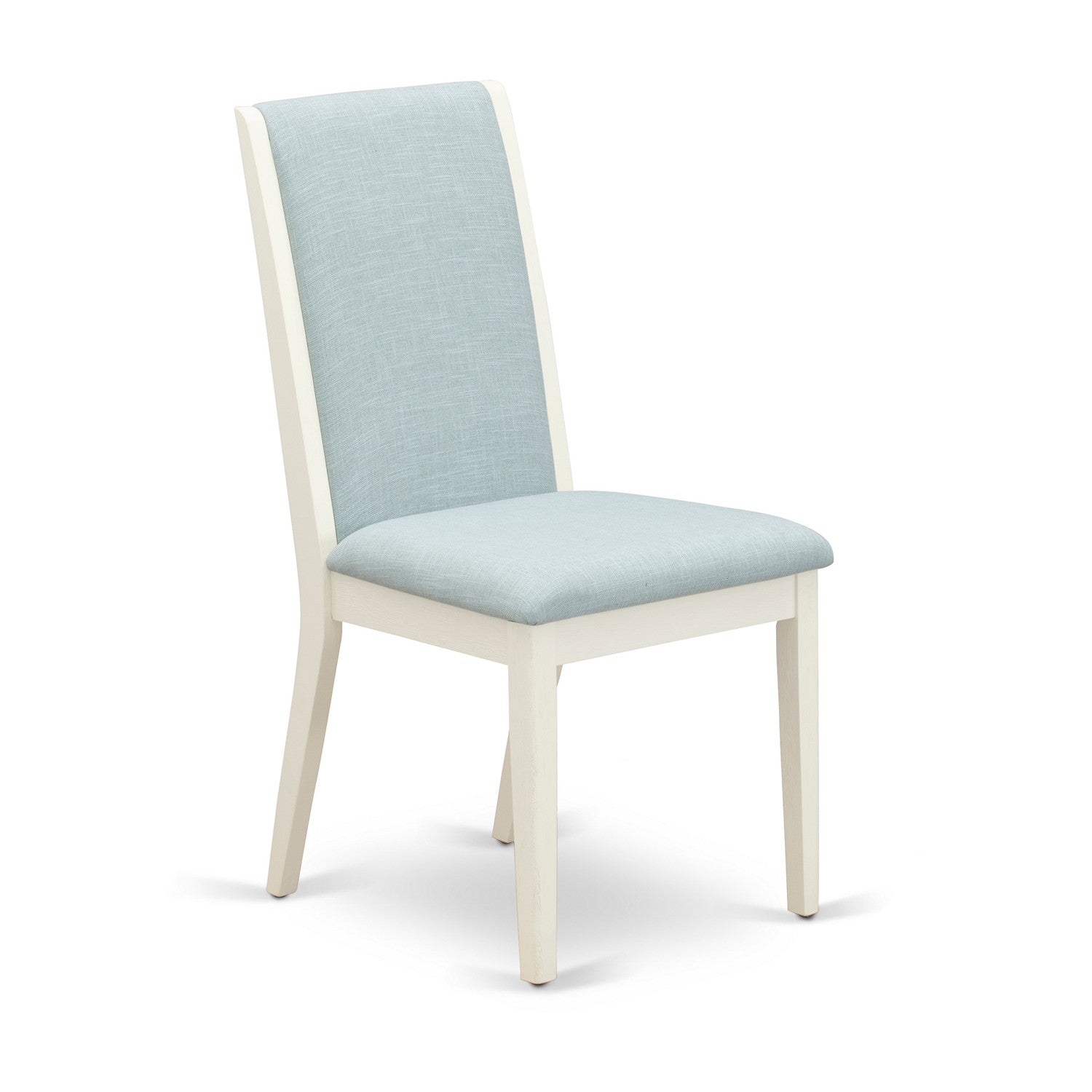 East West Furniture X076LA015-7 7Pc Dining Room Table Set Consists of a Rectangle Table and 6 Upholstered Dining Chairs with Baby Blue Color Linen Fabric, Medium Size Table with Full Back Chairs, Wirebrushed Linen White and Distressed Jacobean Finish