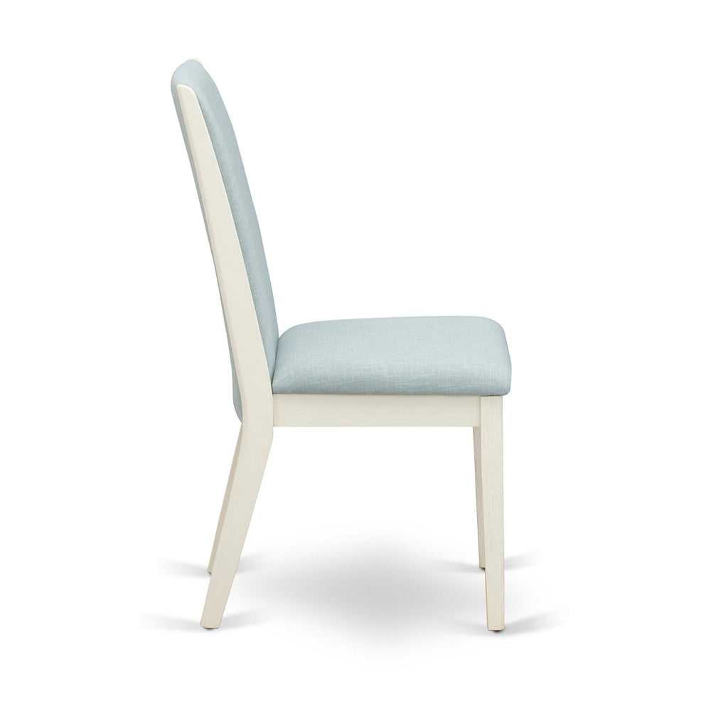 Juego de mesa y sillas de cocina de 9 piezas East West Furniture X077LA015-9. Incluye una mesa de comedor rectangular y 8 sillas tapizadas en tela de lino azul bebé.