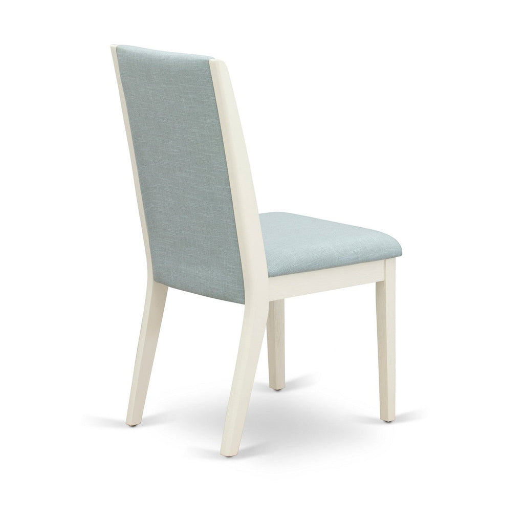 East West Furniture LAP0T15 Lancy Parson Kitchen Chairs - Baby Blue Linen Fabric Upholstered Dining Chairs, Set of 2, Wirebrushed Linen White