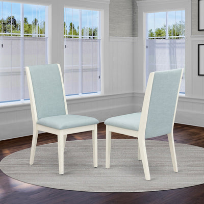 East West Furniture LAP0T15 Parsons Dining Chairs - Baby Blue Color Linen Fabric Kitchen Chairs Seat with Wirebrushed Linen White Rubber Wood Legs - Set of 2 - Set of 2