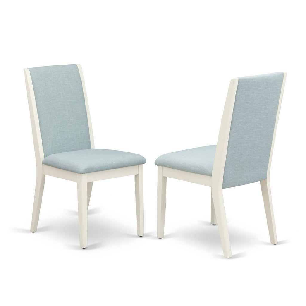 East West Furniture V077LA015-5 5 Piece Dinette Set Includes a Rectangle Dining Room Table with V-Legs and 4 Baby Blue Linen Fabric Upholstered Parson Chairs, 40x72 Inch, Multi-Color