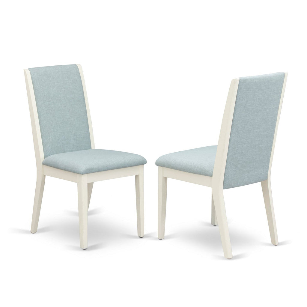 East West Furniture LAP0T15 Lancy Parson Kitchen Chairs - Baby Blue Linen Fabric Upholstered Dining Chairs, Set of 2, Wirebrushed Linen White