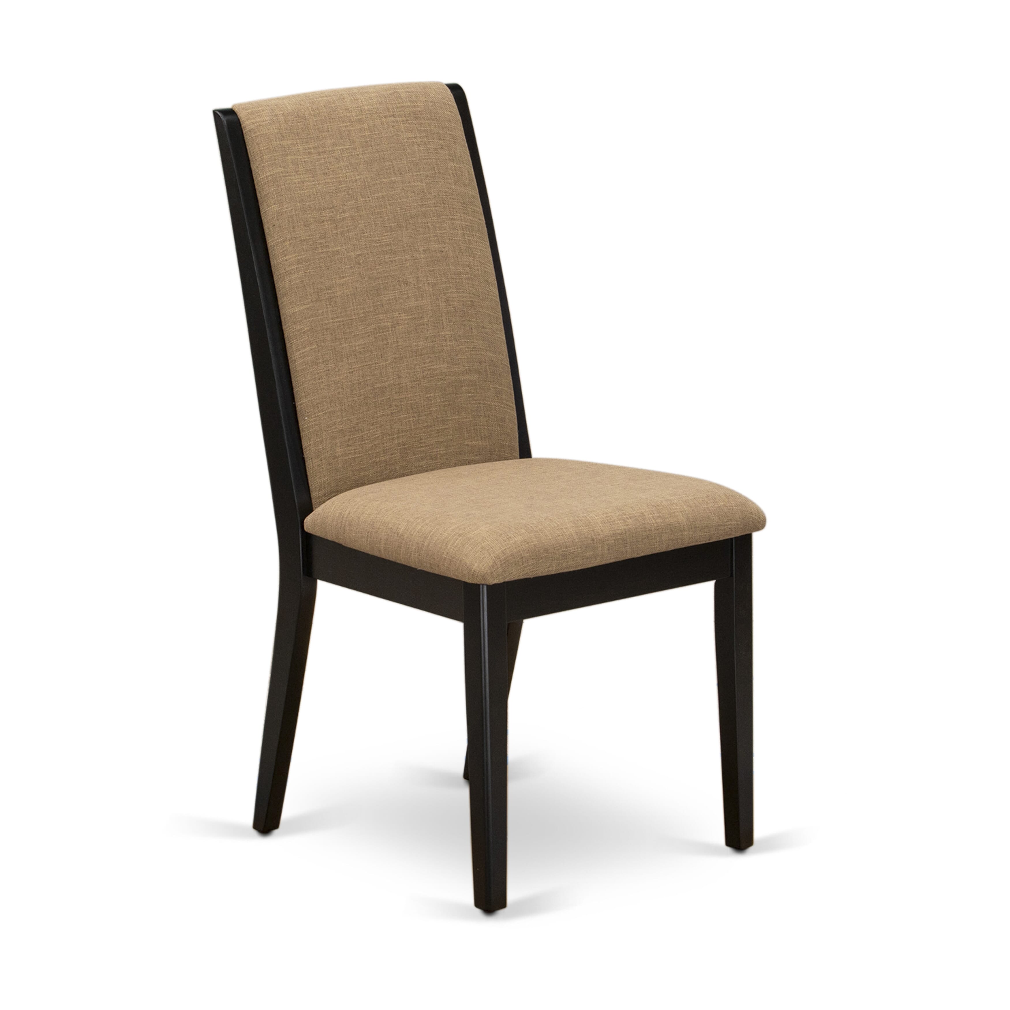 East West Furniture AMLA5-BCH-47 5-Piece Dining Room Set Contains a Round Dining Table and 4 Light Sable Linen Fabric Upholstered Dining Chairs with High Back - Black Finish