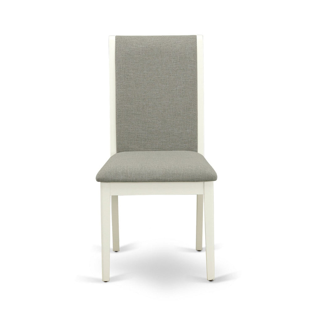 East West Furniture HLLA3-LWH-06 3 Piece Dinette Set for Small Spaces Contains a Round Dining Table with Pedestal and 2 Shitake Linen Fabric Parson Dining Chairs