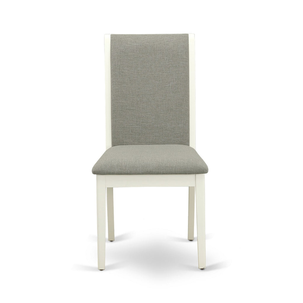 Juego de mesa de cocina de 3 piezas East West Furniture DLLA3-WHI-06 para espacios pequeños. Contiene una mesa de comedor redonda con pedestal y 2 sillas tapizadas en tela de lino Shitake.