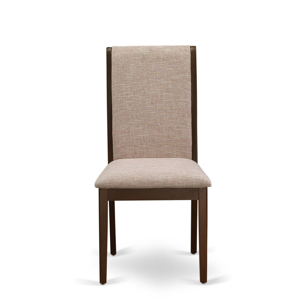 East West Furniture DLLA5-MAH-04 5 Piece Kitchen Table Set for 4 Includes a Round Dining Table with Dropleaf and 4 Light Tan Linen Fabric Parson Dining Chairs