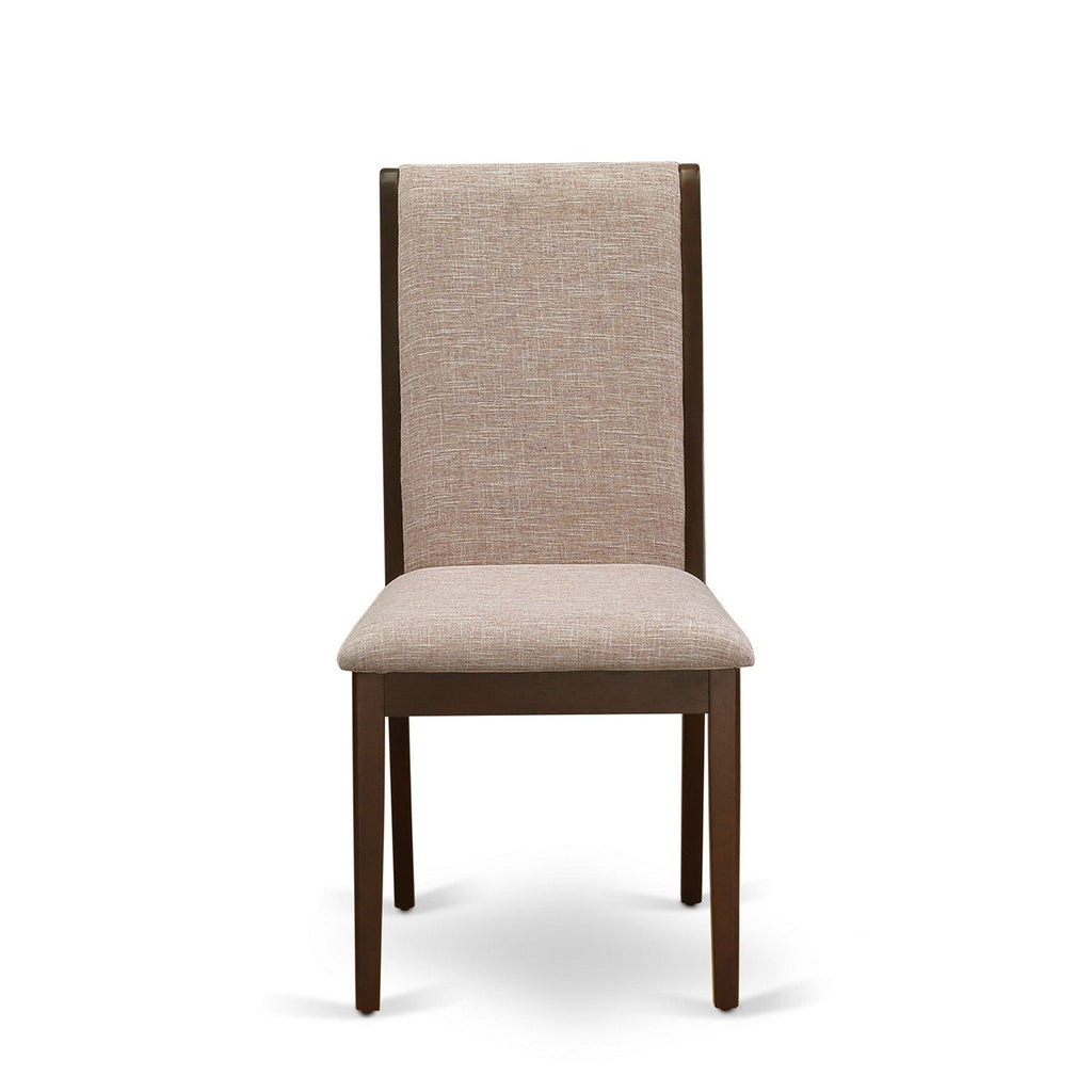 East West Furniture LAP3T04 Lancy Modern Parson Chairs - Light Tan Linen Fabric Upholstered Dining Chairs, Set of 2, Mahogany