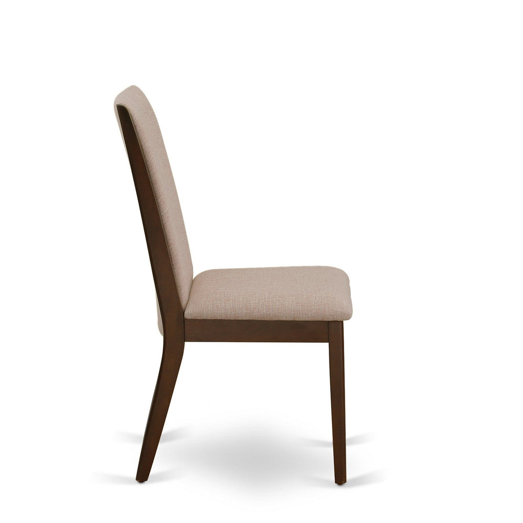 El juego de mesa de comedor de 5 piezas LALA5-83-04 de East West Furniture incluye una mesa de cocina rectangular con hojas de mariposa y 4 sillas tapizadas en tela de lino color tostado claro.