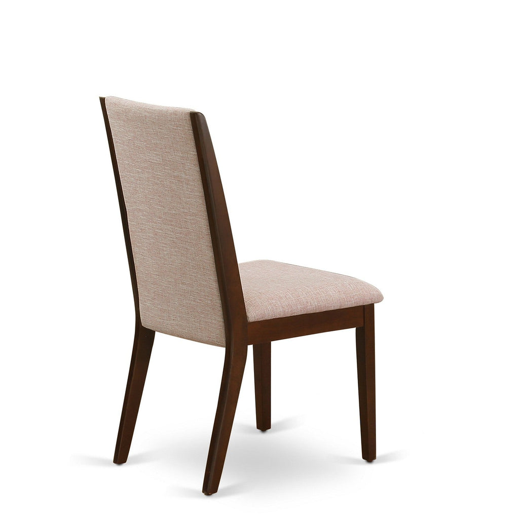 East West Furniture HLLA5-MAH-04 5 Piece Dining Set Includes a Round Dining Room Table with Pedestal and 4 Light Tan Linen Fabric Upholstered Parson Chairs