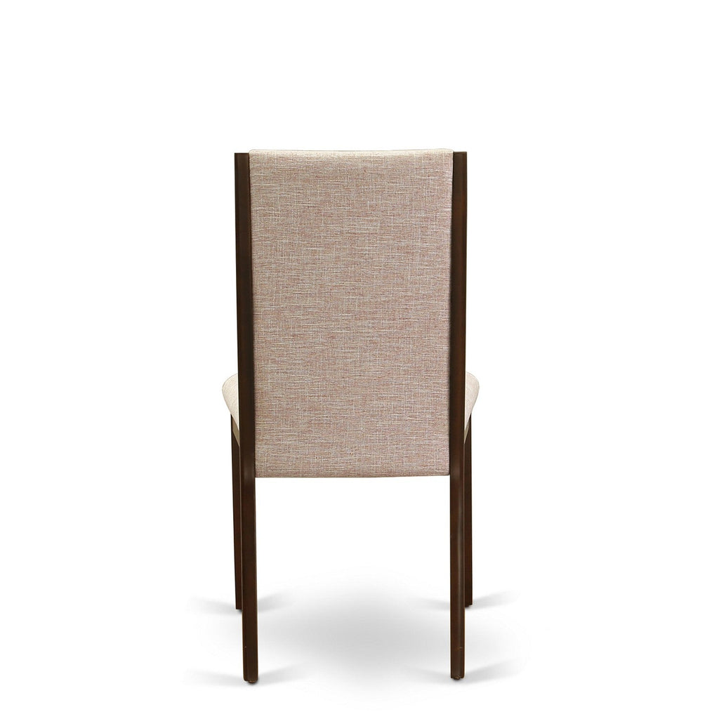 Juego de mesa y sillas de cocina de 9 piezas LALA9-73-04 de East West Furniture. Incluye una mesa de comedor rectangular con hojas de mariposa y 8 sillas Parson de tela de lino color tostado claro.