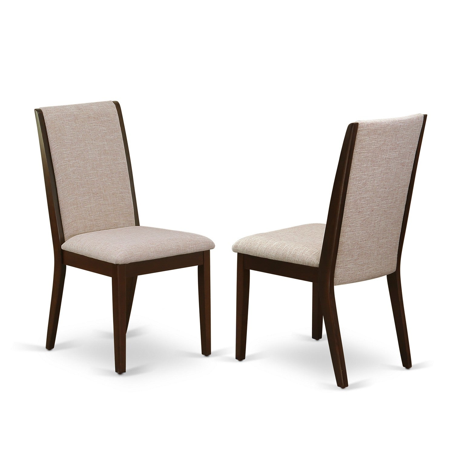 Juego de comedor de 7 piezas LALA7-83-04 de East West Furniture: mesa de comedor rectangular con diseño de hojas en forma de mariposa y 6 sillas de comedor Parson de tela de lino color tostado claro.