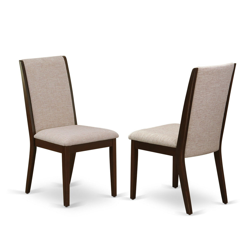 Juego de mesa y sillas de cocina de 9 piezas LALA9-73-04 de East West Furniture. Incluye una mesa de comedor rectangular con hojas de mariposa y 8 sillas Parson de tela de lino color tostado claro.
