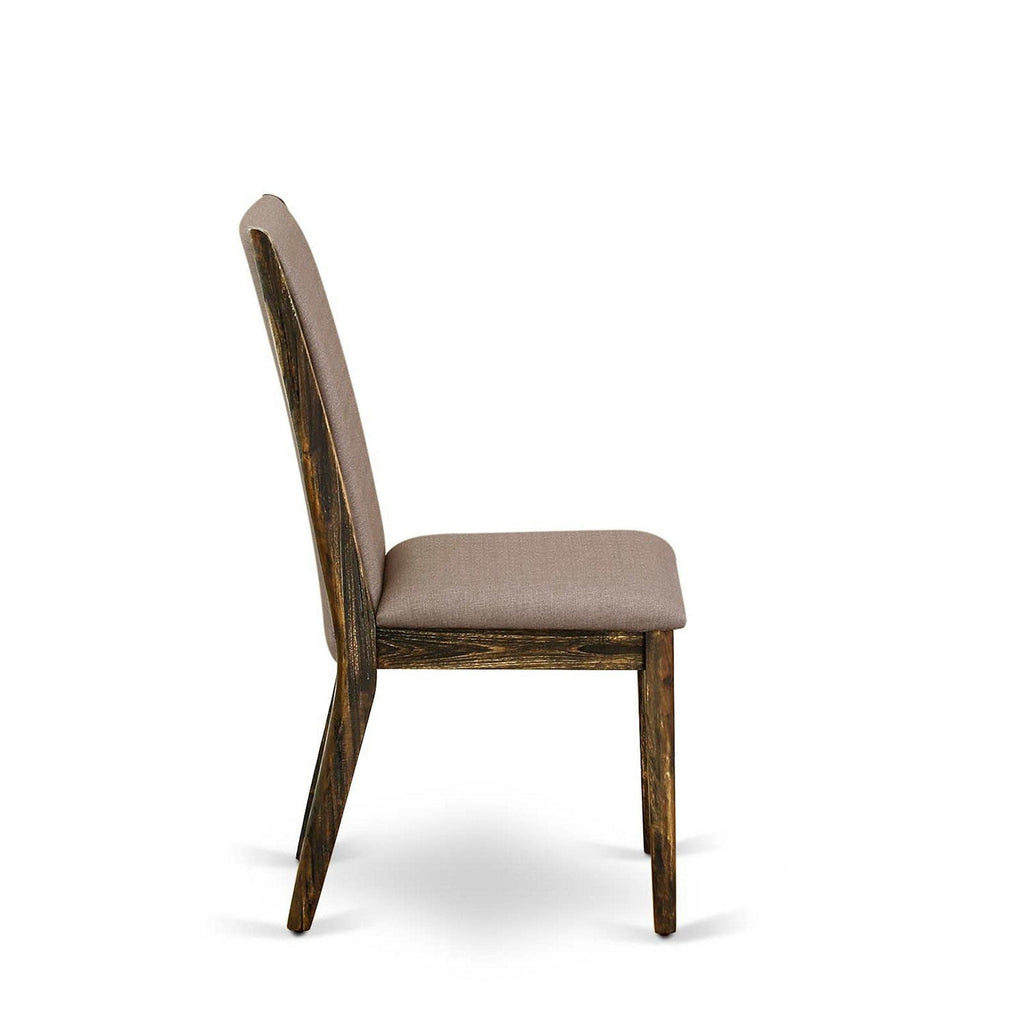 Juego de comedor de 5 piezas East West Furniture I2LA5-716. Incluye una mesa de comedor redonda con pedestal y 4 sillas Parson tapizadas en tela de lino color caqui oscuro.