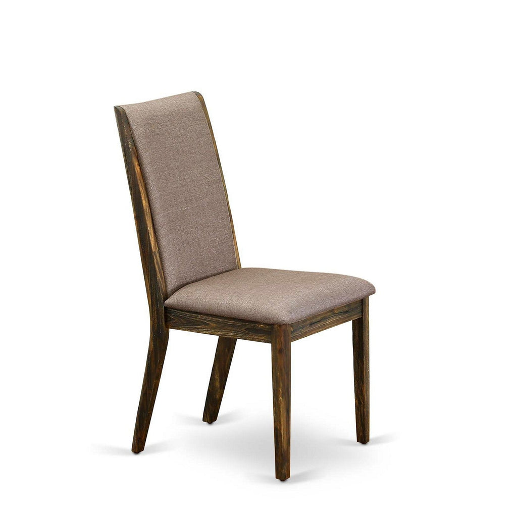 Juego de mesa de comedor de 7 piezas East West Furniture F2LA7-716 compuesto por una mesa de comedor redonda con pedestal y 6 sillas tapizadas en tela de lino color caqui oscuro.