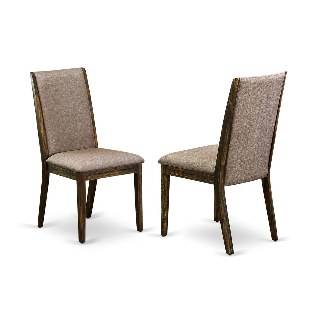 Juego de mesa de comedor de 7 piezas East West Furniture F2LA7-716 compuesto por una mesa de comedor redonda con pedestal y 6 sillas tapizadas en tela de lino color caqui oscuro.