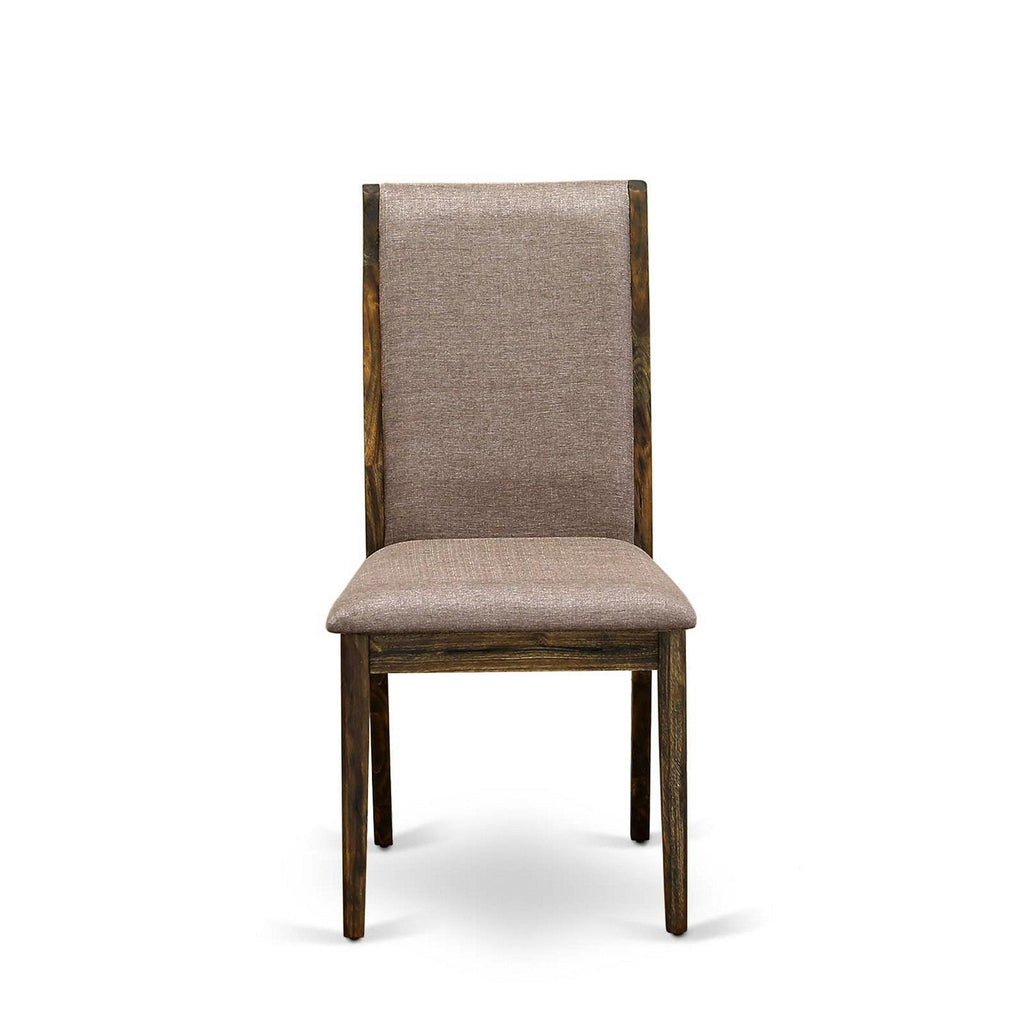 Juego de mesa de comedor de 7 piezas East West Furniture F2LA7-716 compuesto por una mesa de comedor redonda con pedestal y 6 sillas tapizadas en tela de lino color caqui oscuro.