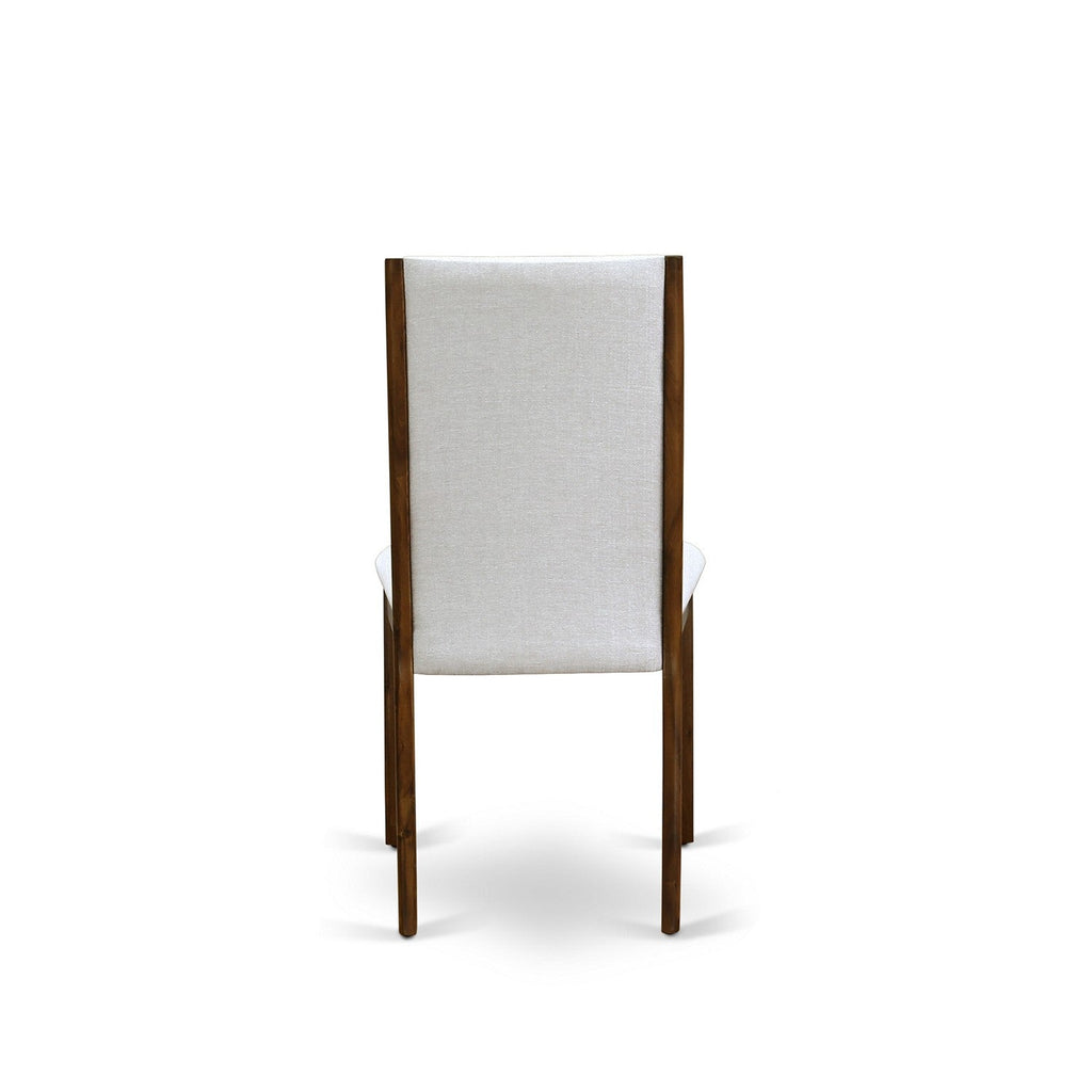 Juego de mesa de comedor de 5 piezas LALA5-78-05 de East West Furniture. Incluye una mesa de cocina rectangular con diseño de hojas de mariposa y 4 sillas de comedor Parsons de tela de lino gris.