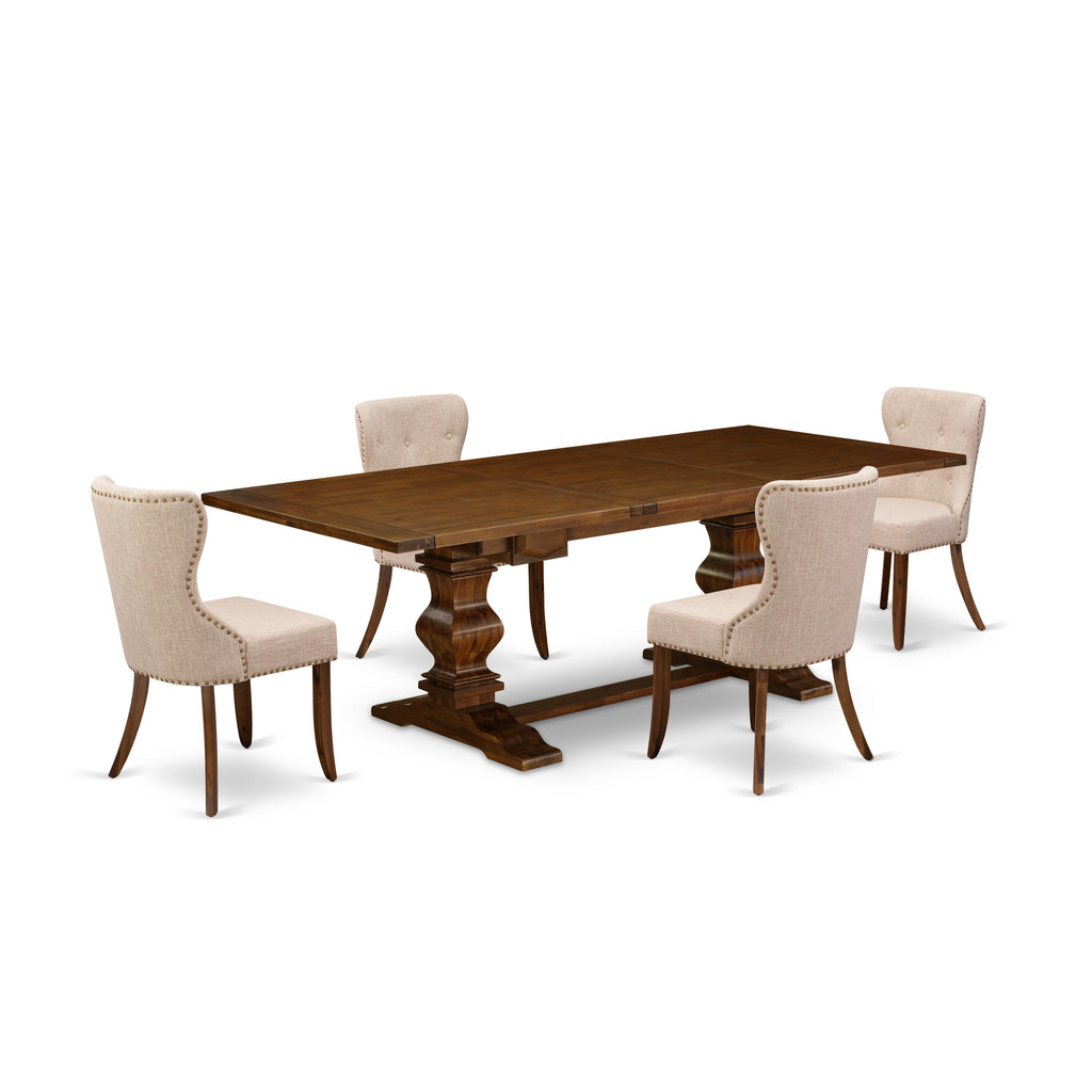 El juego de comedor de 5 piezas East West Furniture LASI5-88-04 incluye una mesa de comedor rectangular con diseño de hojas de mariposa y 4 sillas tapizadas en tela de lino color tostado claro.