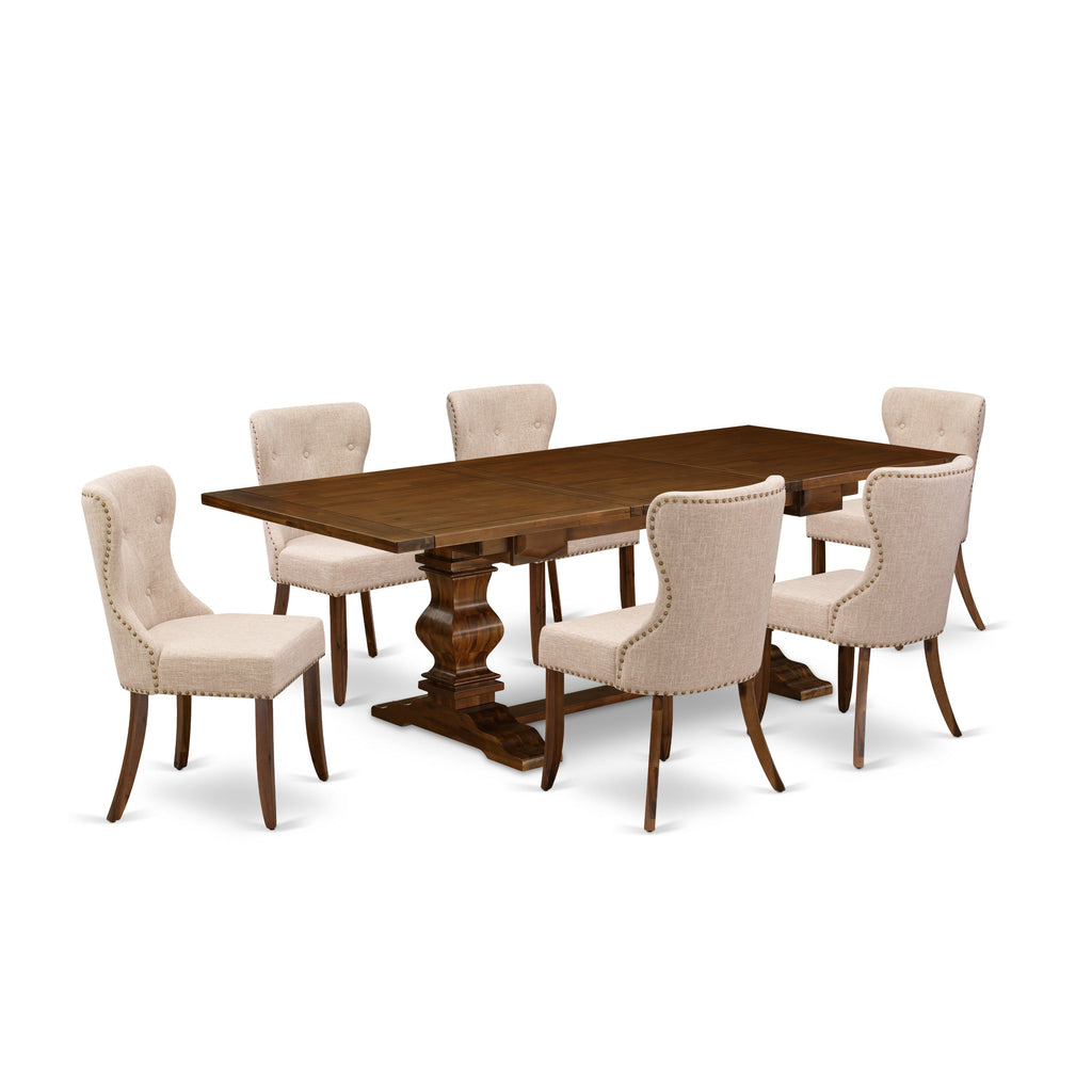 Juego de mesa de comedor East West Furniture LASI7-88-04 de 7 piezas compuesto por una mesa de comedor rectangular con hojas de mariposa y 6 sillas Parson de tela de lino color tostado claro.