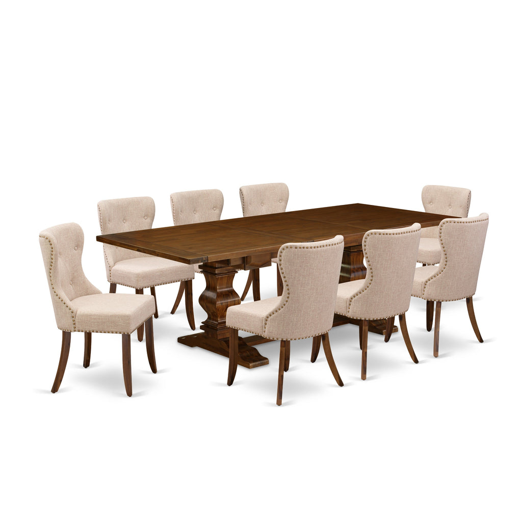 El juego de mesa de cocina de 9 piezas East West Furniture LASI9-88-04 incluye una mesa de comedor rectangular con hojas de mariposa y 8 sillas de comedor Parson de tela de lino color tostado claro.