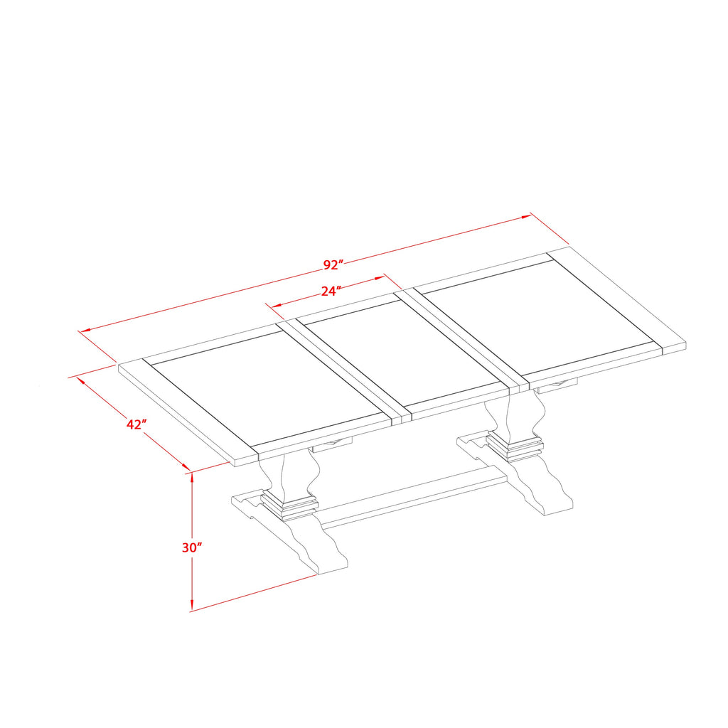 Juego de comedor de 11 piezas East West Furniture LALA11-73-04. Incluye una mesa de comedor rectangular con diseño de hojas de mariposa y 10 sillas tapizadas en tela de lino color tostado claro.
