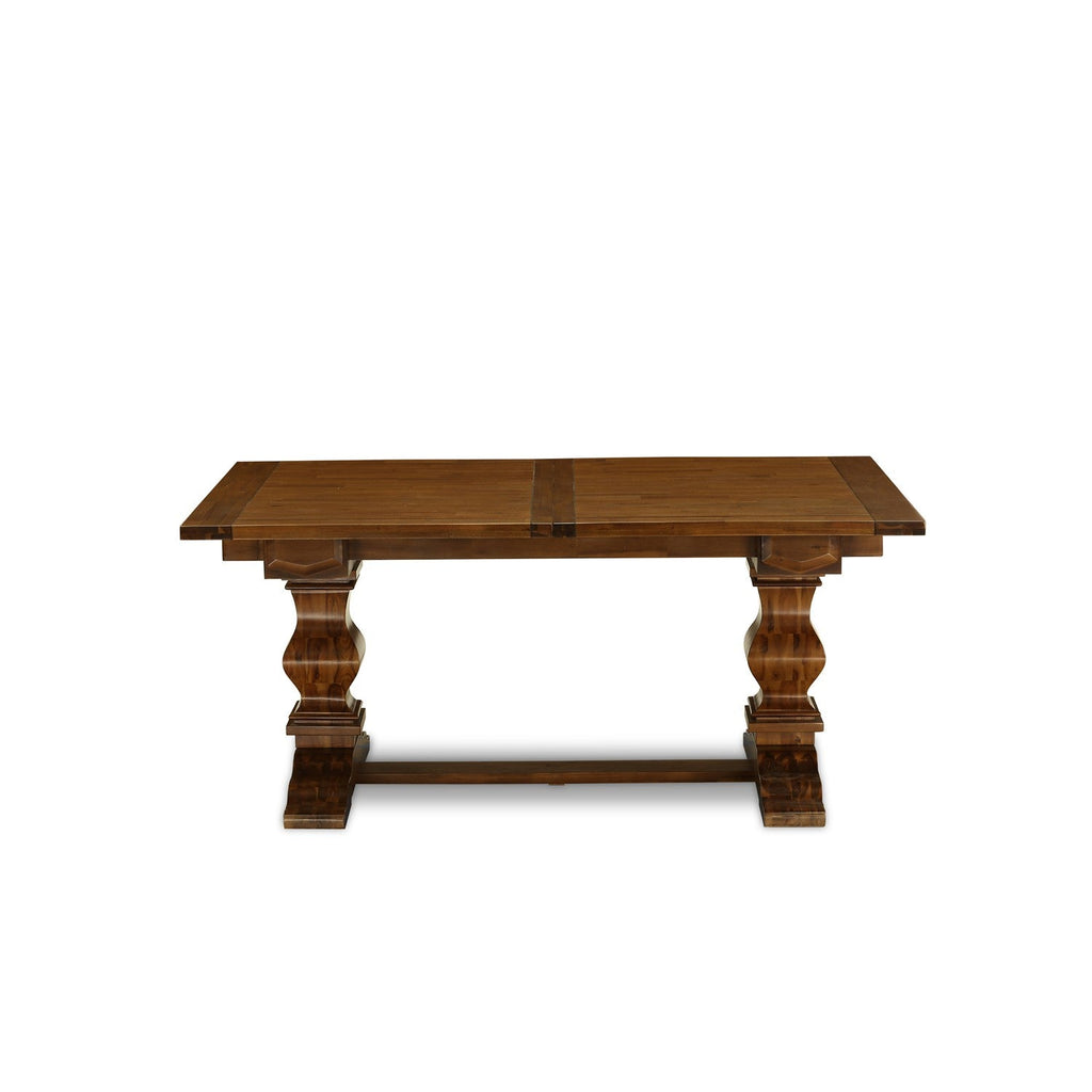 Juego de mesa de comedor de 9 piezas East West Furniture LAAB9-88-05. Incluye una mesa de comedor rectangular con hojas de mariposa y 8 sillas tapizadas en tela de lino gris.