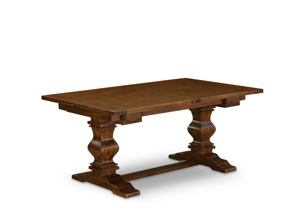 Juego de comedor de 5 piezas East West Furniture LAEL5-87-18. Incluye una mesa de comedor rectangular con diseño de hojas de mariposa y 4 sillas tapizadas en tela de lino marrón.