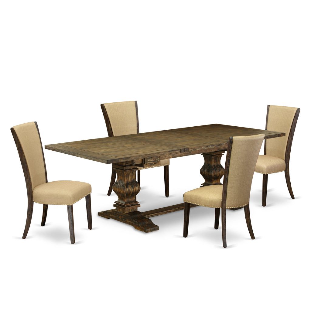 El juego de mesa de comedor de 5 piezas East West Furniture LAVE5-77-03 incluye una mesa de comedor rectangular con hojas de mariposa y 4 sillas tapizadas en tela de lino marrón.