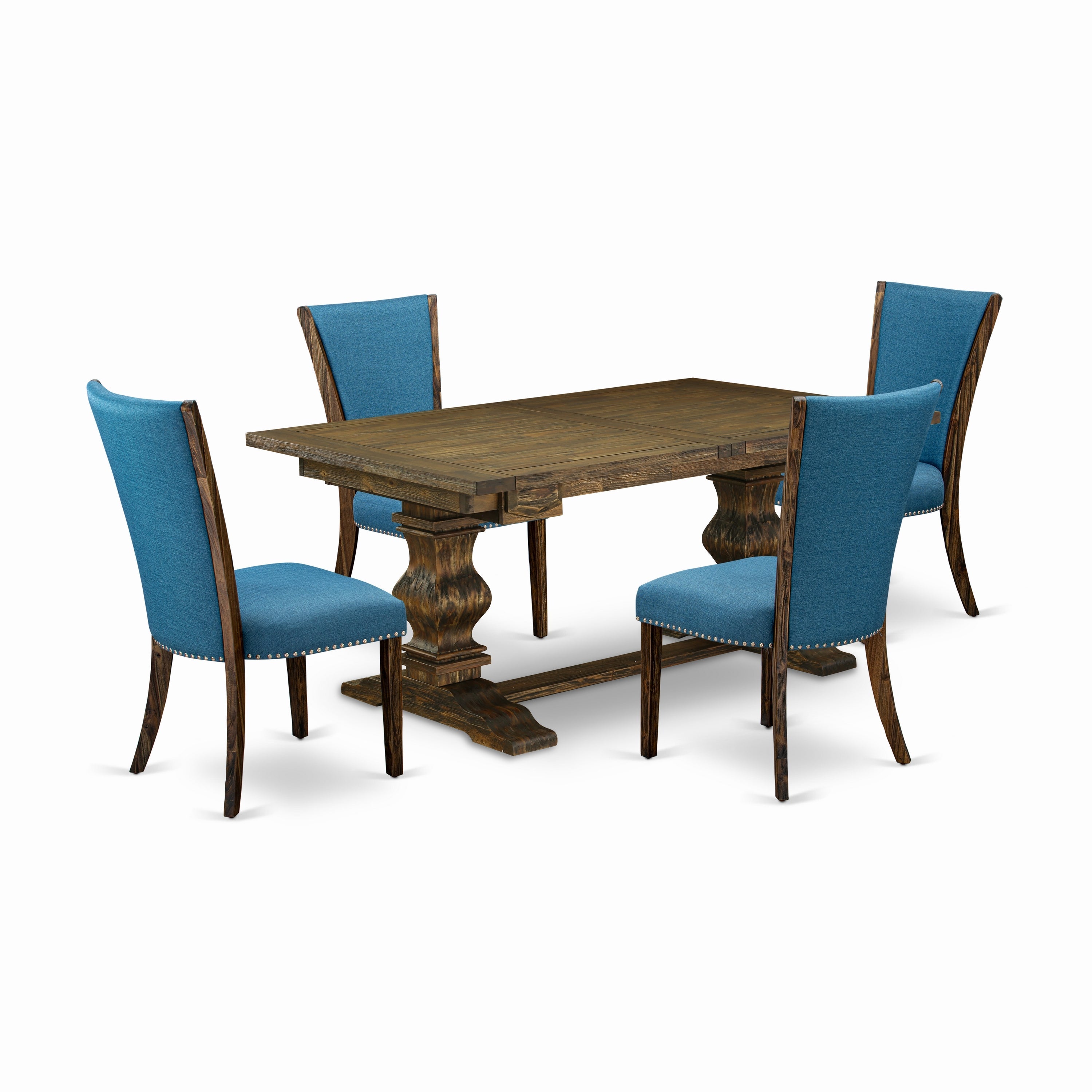 El juego de mesa de comedor de 5 piezas East West Furniture LAVE5-77-21 incluye una mesa de cocina rectangular con diseño de hojas de mariposa y 4 sillas tapizadas en tela de lino de color azul.