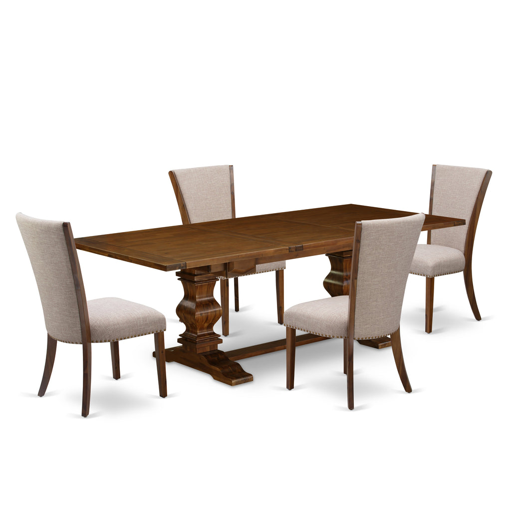 Juego de comedor de 5 piezas East West Furniture LAVE5-88-04. Incluye una mesa de comedor rectangular con diseño de hojas de mariposa y 4 sillas tapizadas en tela de lino color tostado claro.