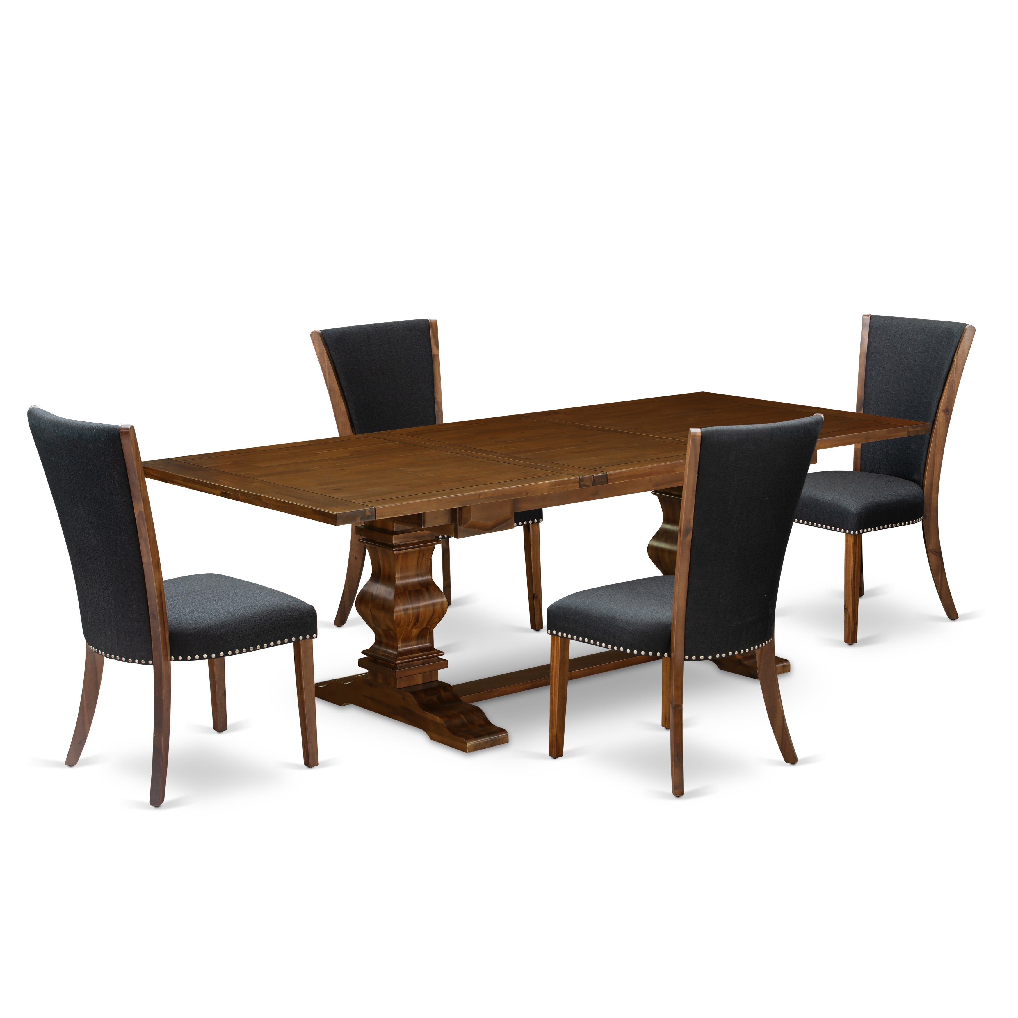 Juego de mesa de cocina de 5 piezas East West Furniture LAVE5-88-24 para 4 personas. Incluye una mesa de comedor rectangular con diseño de hojas de mariposa y 4 sillas Parson de tela de lino de color negro.