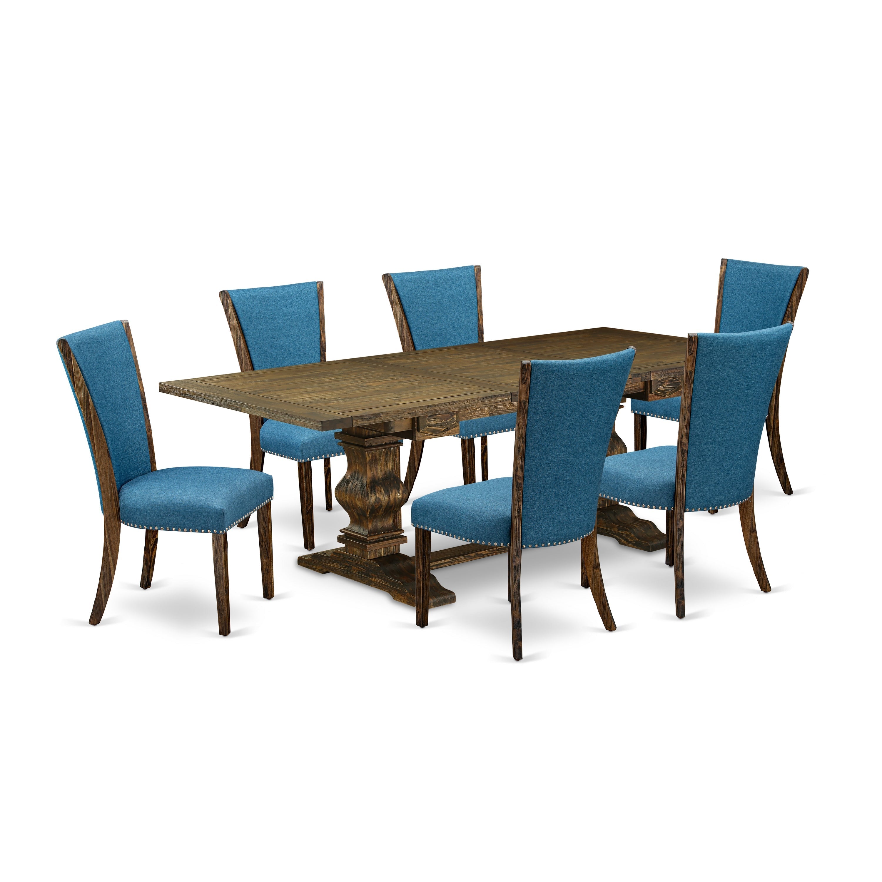 Juego de comedor East West Furniture LAVE7-77-21 de 7 piezas compuesto por una mesa de comedor rectangular con hojas de mariposa y 6 sillas tapizadas en tela de lino de color azul.