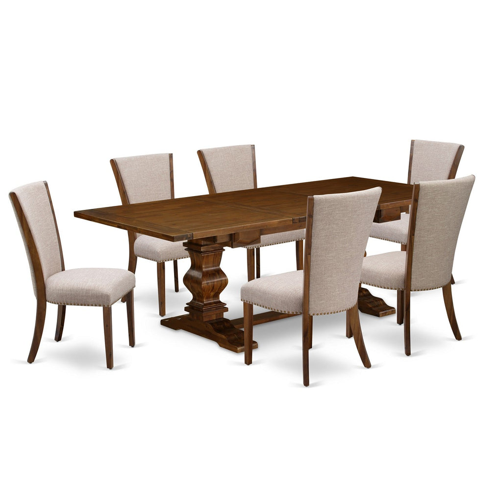 Juego de mesa de comedor de 7 piezas East West Furniture LAVE7-88-04 compuesto por una mesa de comedor rectangular con hojas de mariposa y 6 sillas Parson de tela de lino color tostado claro.