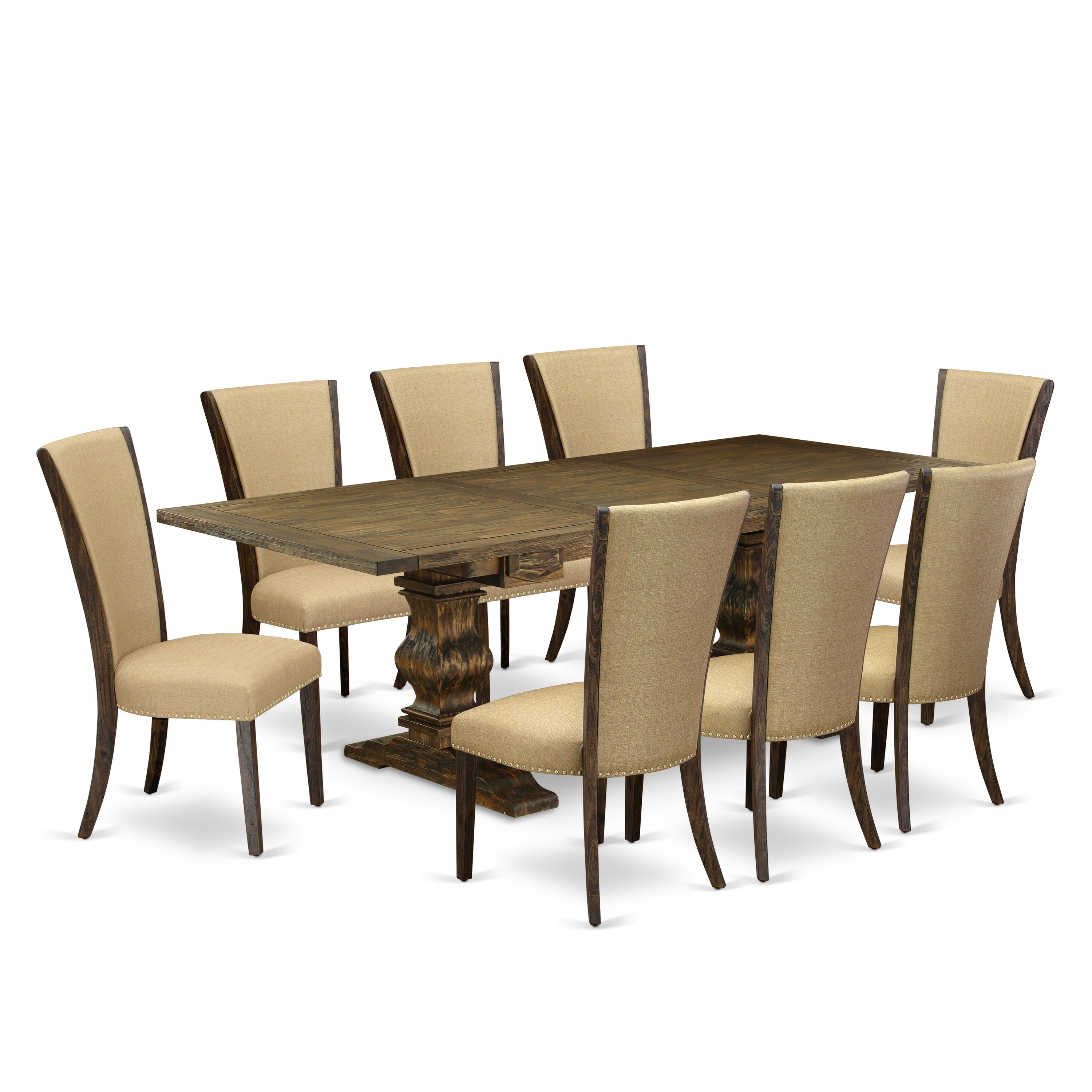 East West Furniture LAVE9-77-03 9Pc Dining Table set Consists of a Kitchen Table and 8 Parsons Dining Room Chairs with Brown Color Linen Fabric, Distressed Jacobean Finish