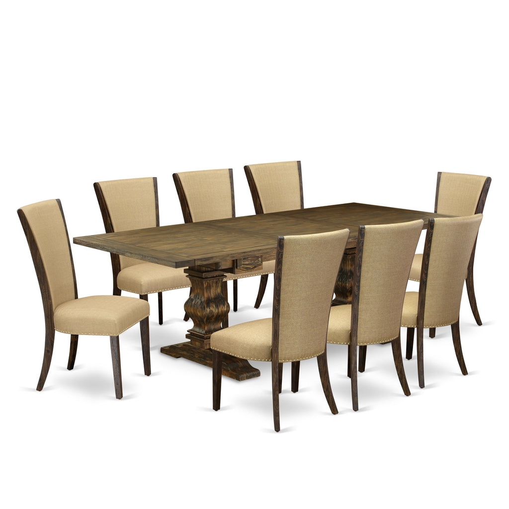 East West Furniture LAVE9-77-03 9 Piece Dining Table Set Includes a Rectangle Dining Room Table with Butterfly Leaf and 8 Brown Linen Fabric Upholstered Chairs