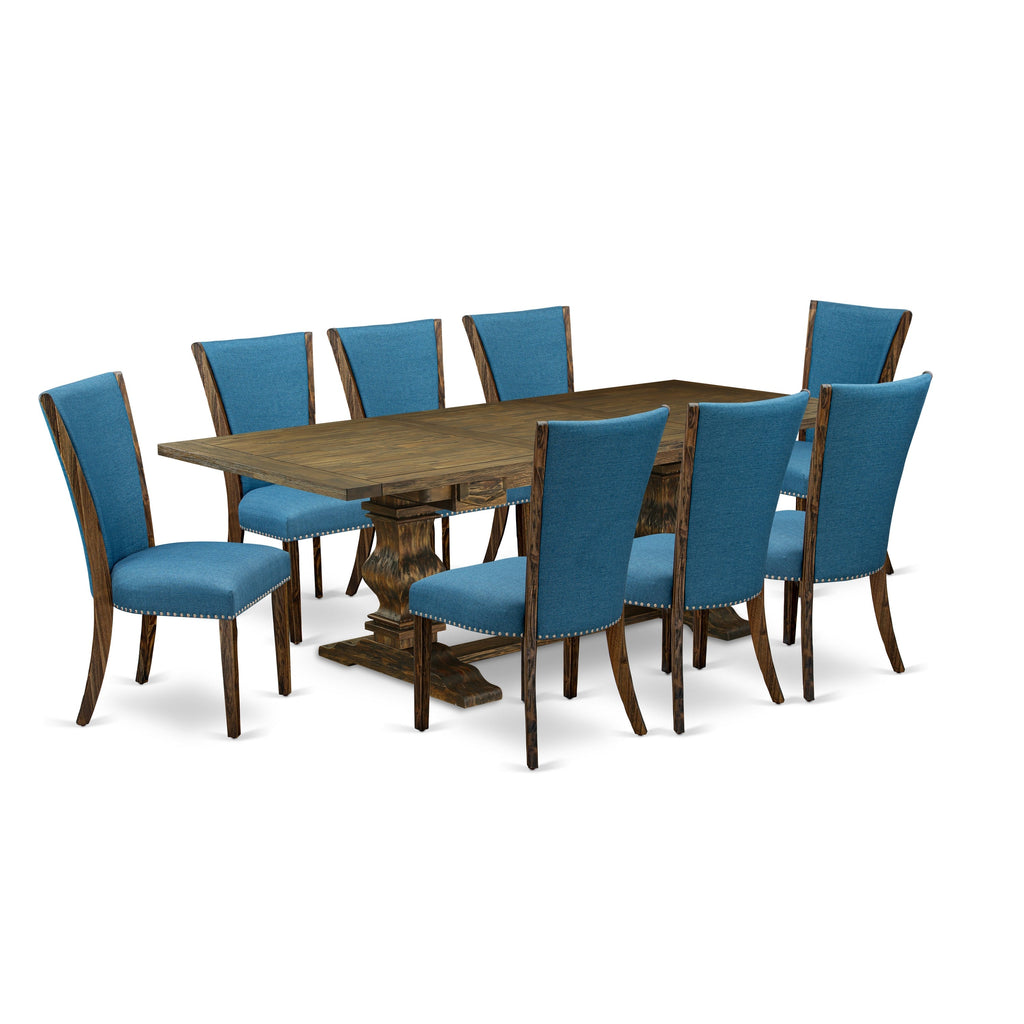 East West Furniture LAVE9-77-21 9 Piece Dining Table Set Includes a Rectangle Dining Room Table with Butterfly Leaf and 8 Blue Color Linen Fabric Parsons Chairs