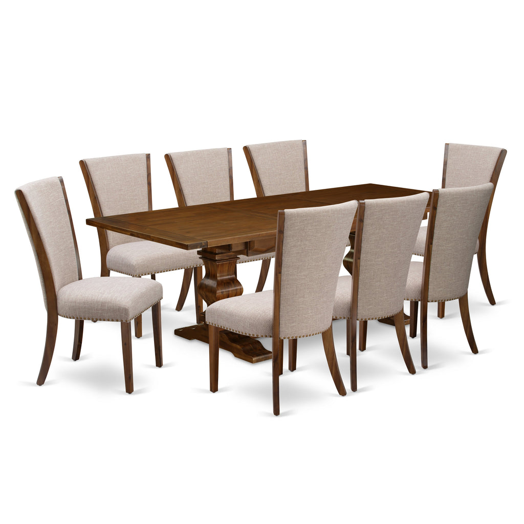 Juego de mesa y sillas de cocina de 9 piezas LAVE9-88-04 de East West Furniture. Incluye una mesa de comedor rectangular con hojas de mariposa y 8 sillas Parson de tela de lino color tostado claro.