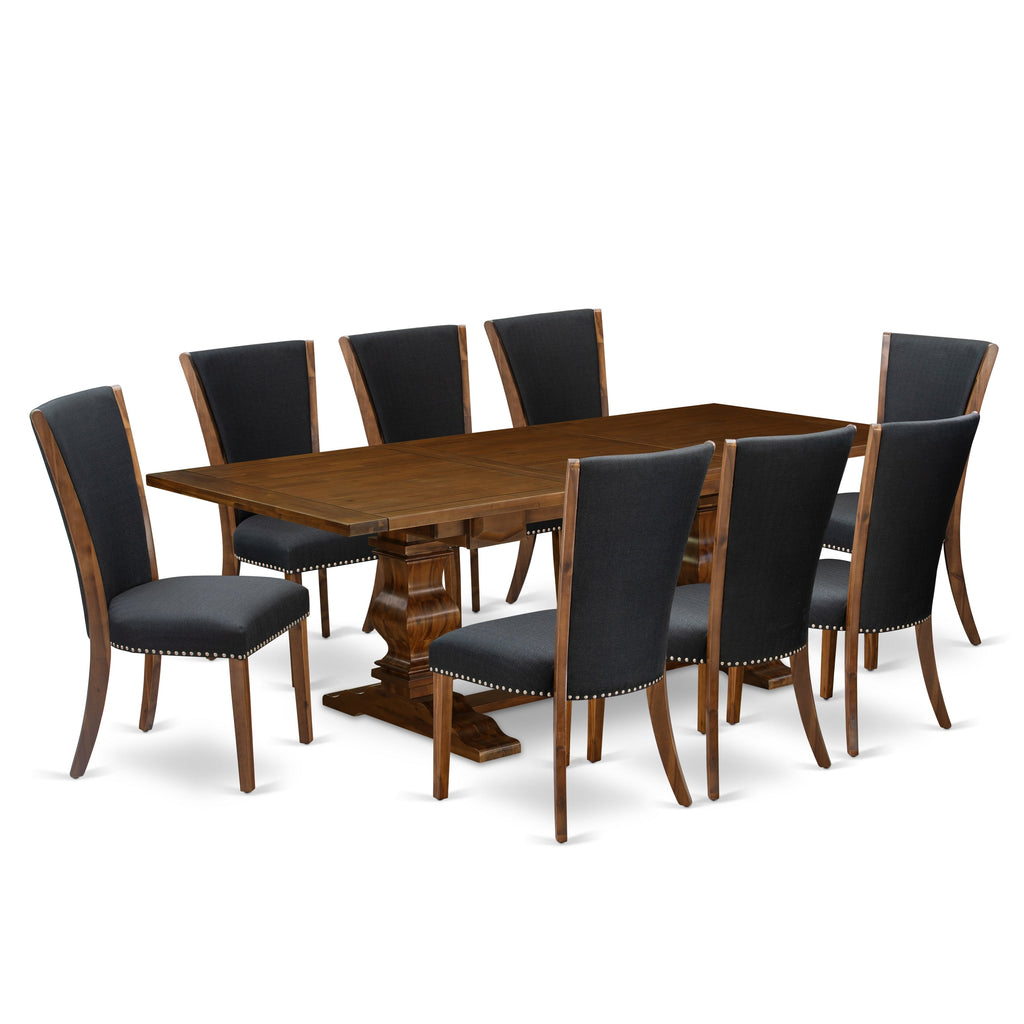 El juego de mesa de cocina East West Furniture LAVE9-88-24 de 9 piezas incluye una mesa de comedor rectangular con hojas de mariposa y 8 sillas tapizadas en tela de lino de color negro.