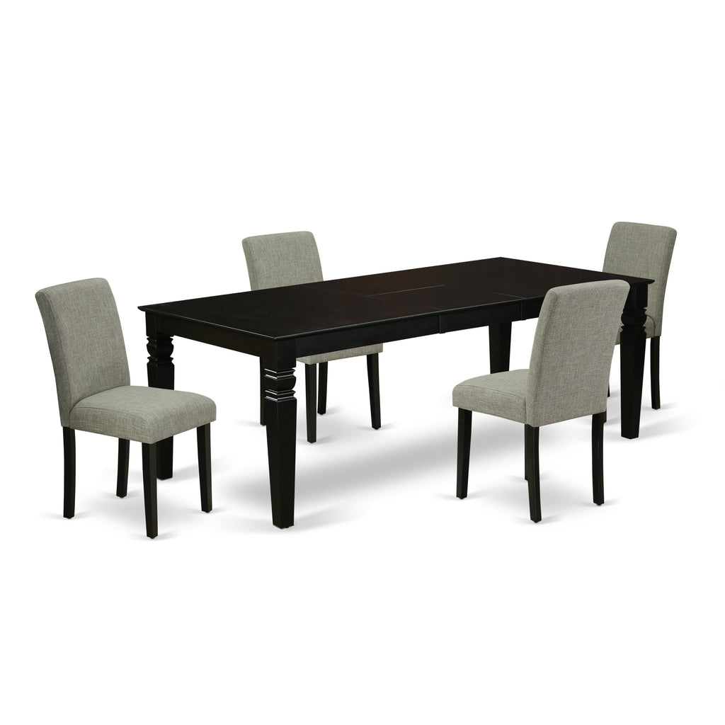 Juego de mesa de comedor moderna de 5 piezas East West Furniture LGAB5-BLK-06. Incluye una mesa rectangular de madera con diseño de hojas de mariposa y 4 sillas Parsons de tela de lino Shitake.