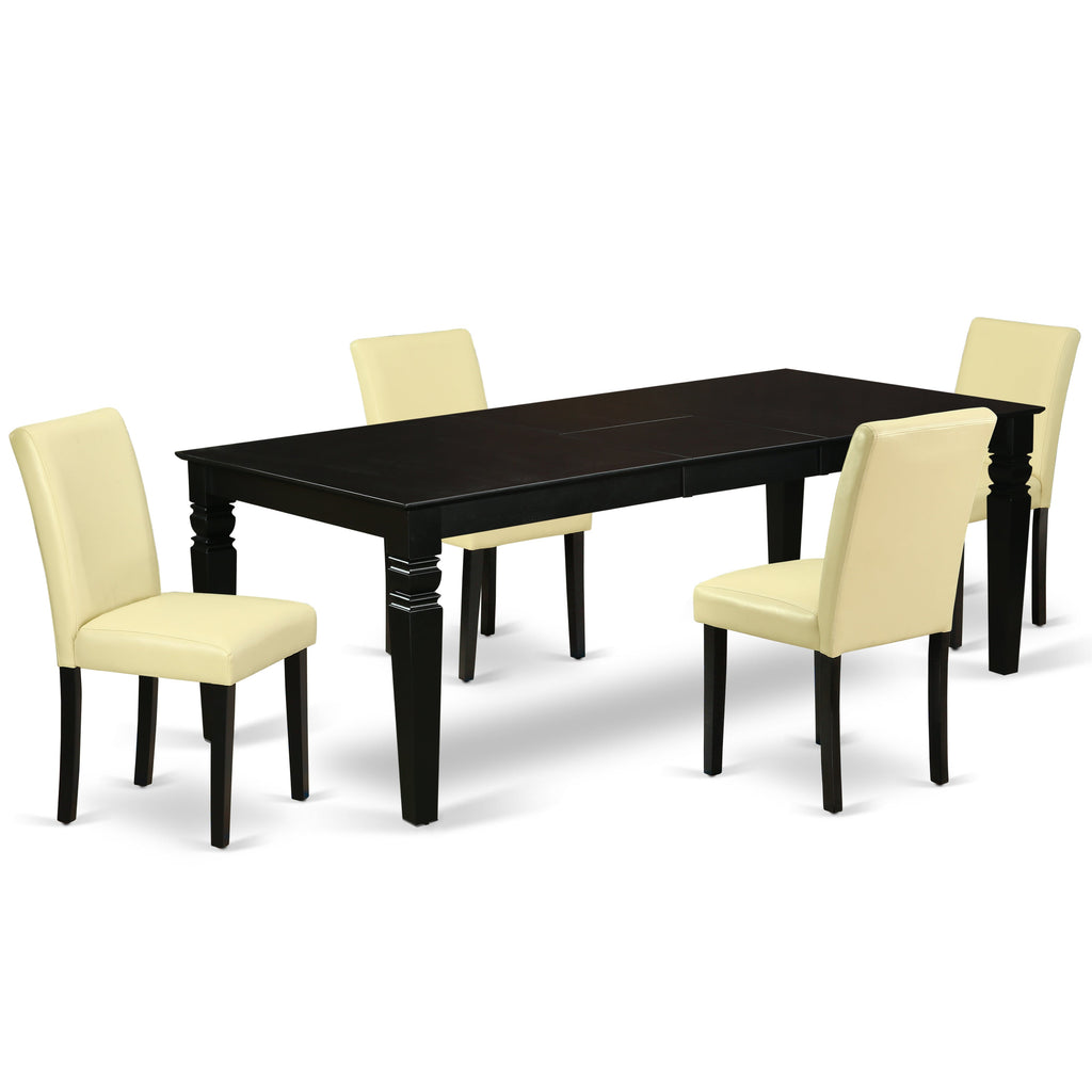 El juego de comedor de 5 piezas East West Furniture LGAB5-BLK-73 incluye una mesa de comedor rectangular con diseño de hojas de mariposa y 4 sillas Parson tapizadas en piel sintética color ponche de huevo.