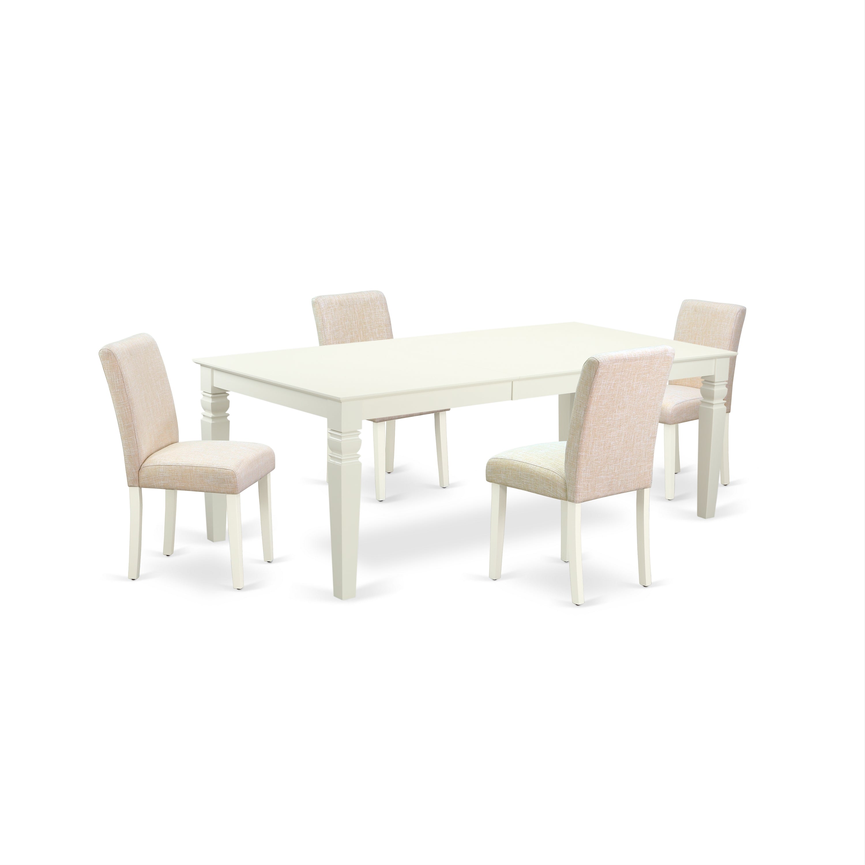 Juego de comedor de 5 piezas East West Furniture LGAB5-LWH-02. Incluye una mesa de comedor rectangular con diseño de hojas de mariposa y 4 sillas tapizadas en tela de lino beige claro.