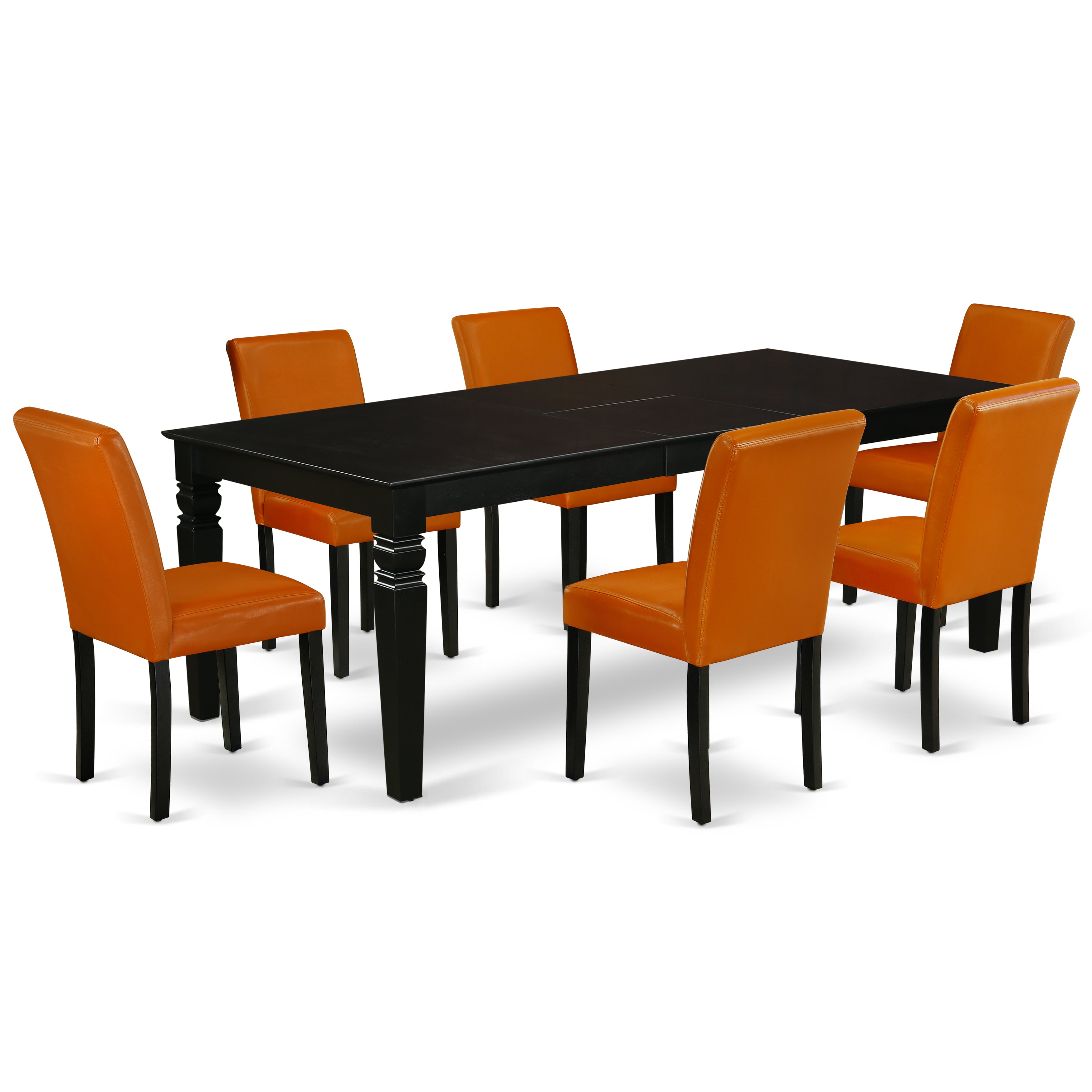 LGAB7-BLK-61 7Pc Rectangle 66/84" Kitchen Table With 18 In Self Storing Butterfly Leaf And Six Parson Chair With Black Leg And Pu Leather Color Baked Bean