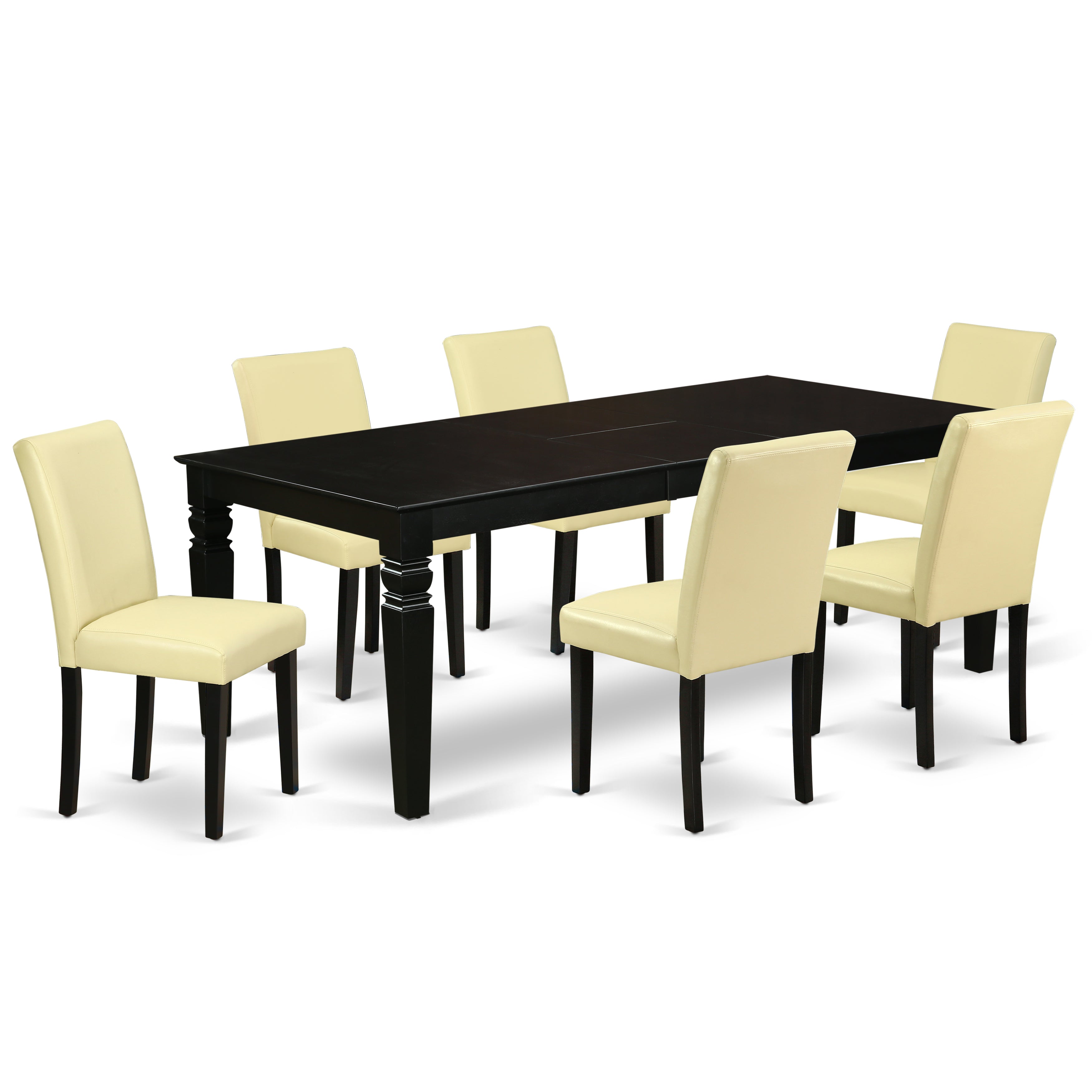 LGAB7-BLK-73 7Pc Rectangle 66/84" Kitchen Table With 18 In Self Storing Butterfly Leaf And Six Parson Chair With Black Leg And Pu Leather Color Eggnog