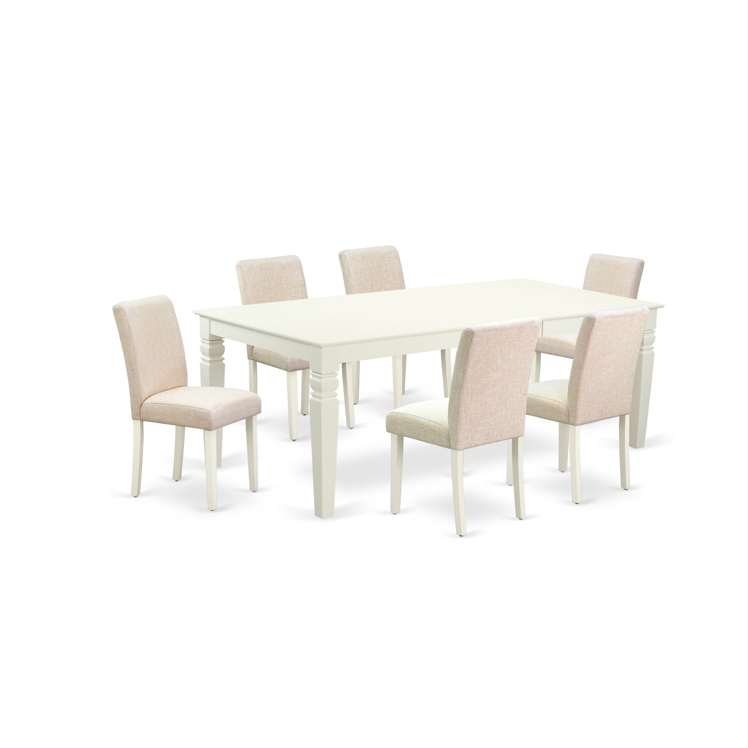 LGAB7-LWH-02 7Pc Rectangle 66/84" Kitchen Table With 18 In Self Storing Butterfly Leaf And Six Parson Chair With Linen White Leg And Linen Fabric Light Beige