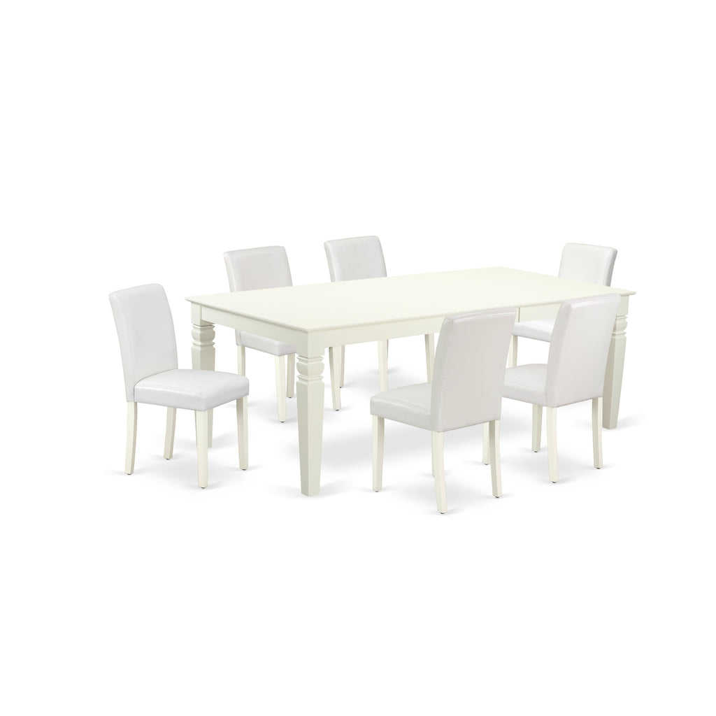 East West Furniture LGAB7-LWH-64 7 Piece Modern Dining Table Set Consist of a Rectangle Wooden Table with Butterfly Leaf and 6 White Faux Leather Upholstered Chairs