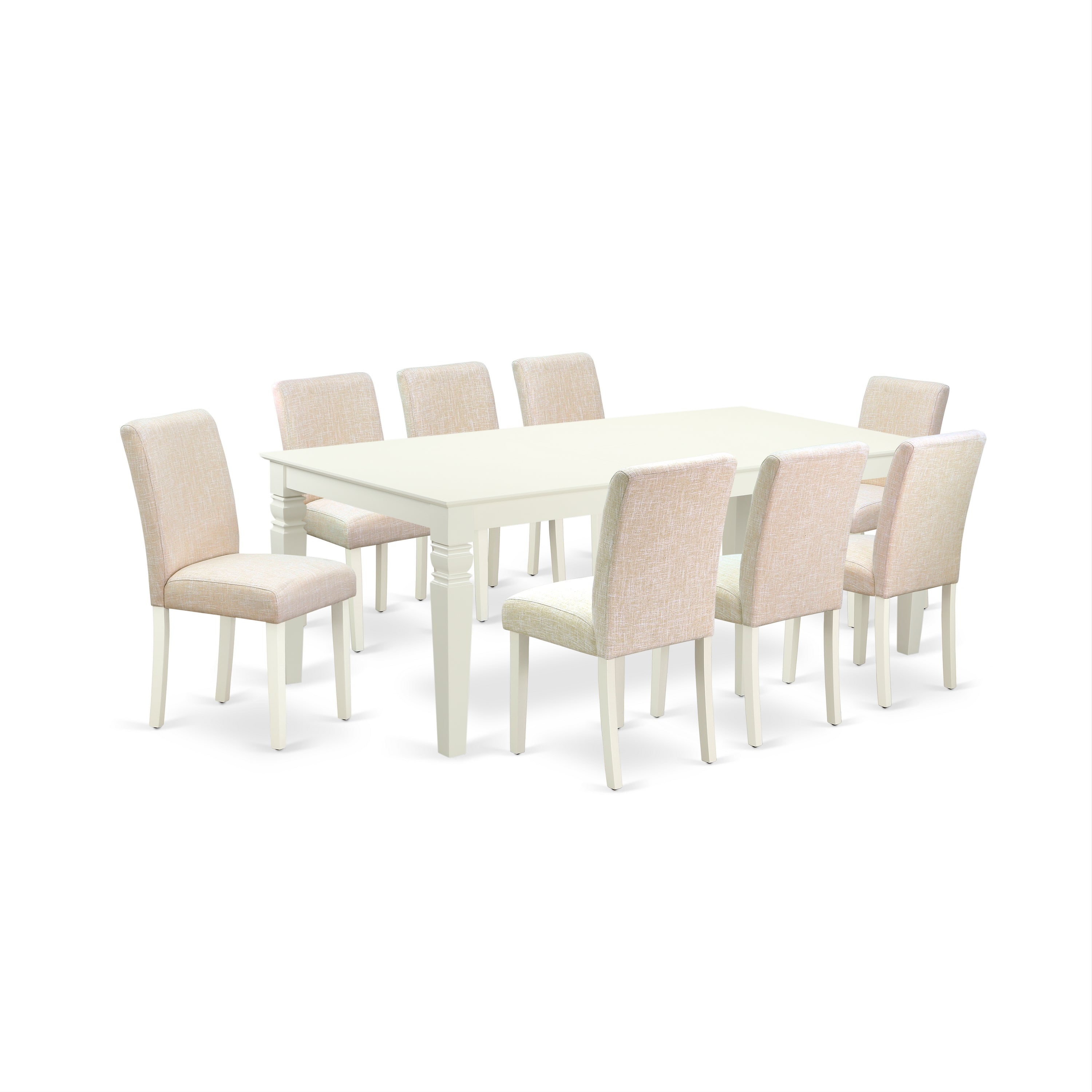 El juego de mesa de comedor East West Furniture LGAB9-LWH-02 de 9 piezas incluye una mesa de comedor rectangular con diseño de hojas de mariposa y 8 sillas Parsons de tela de lino beige claro.
