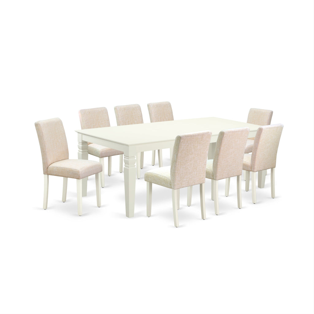 East West Furniture LGAB9-LWH-02 9 Piece Dining Table Set Includes a Rectangle Dining Room Table with Butterfly Leaf and 8 Light Beige Linen Fabric Parsons Chairs
