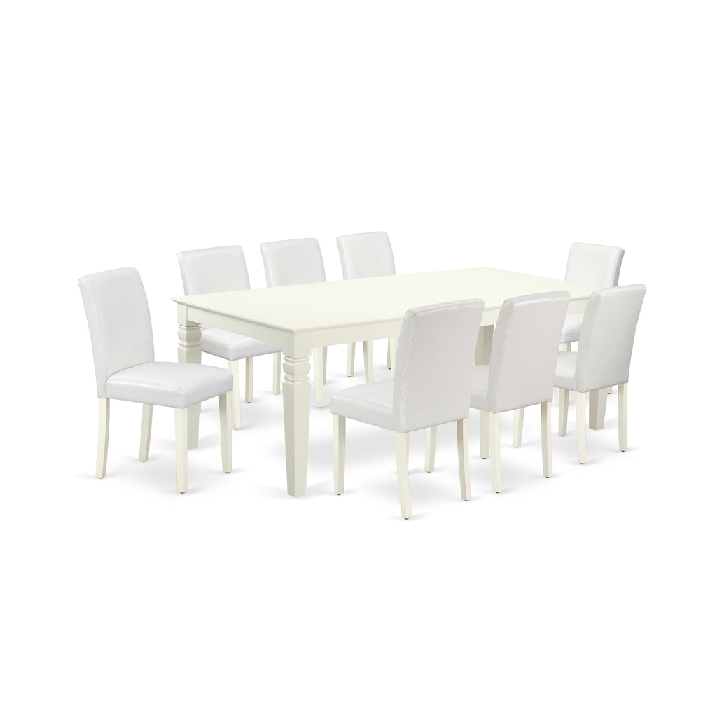 El juego de mesa de comedor East West Furniture LGAB9-LWH-64 de 9 piezas incluye una mesa de cocina rectangular con diseño de hojas de mariposa y 8 sillas tapizadas en piel sintética blanca.